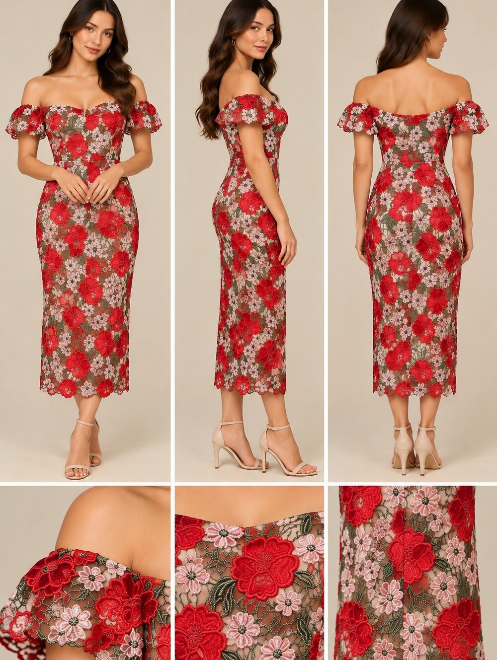 NWOT Women's Red Floral Off-Shoulder Sheath Dress